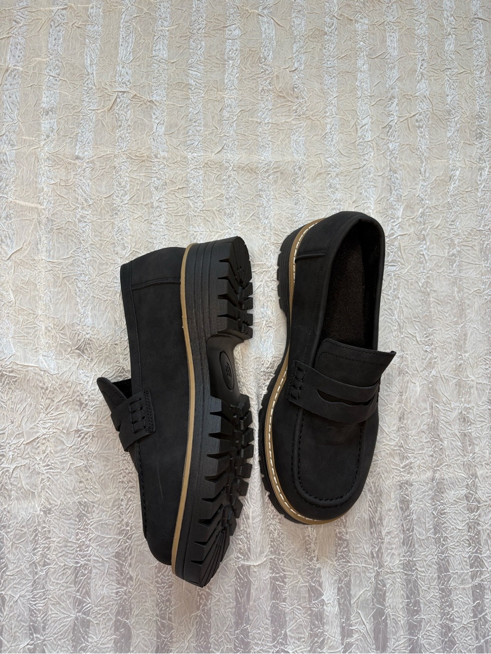 Black Womens Penny Loafers with Lug Sole - Suede Platform NWOT 38